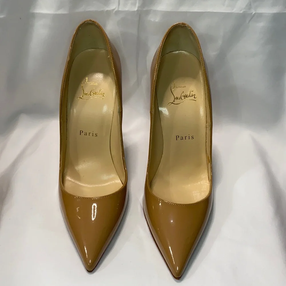 Christian Louboutin Tan Patent Leather Pointed-Toe Pumps